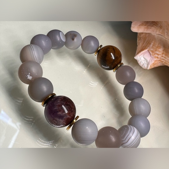 AGATE BANDED + TIGERS EYE + SUPER SEVEN  STONES BRACELET Size 7” - Picture 6 of 12